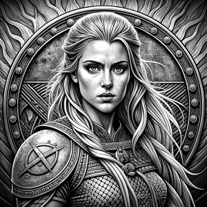 shieldmaiden perfect realistic art, high-definition, high-definition grey and black, white background 