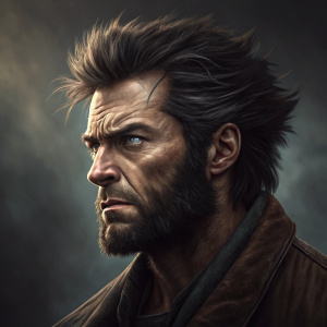 Close-up portrait of Wolverine. Intense expression, wild hair, rough face. Dark and moody background.