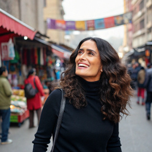 Salma Hayek, vibrant and smiling, in a casual black turtleneck, standing in a bustling street market.