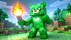 green bear full height with torch minecraft style gameplay
