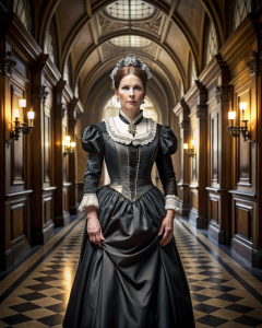 wealthy, arrogant and elegant 40 yo lady forced to wear a Victorian chamber maid uniform in black shiny satin with crinoline. full body view standing in Carlton Towers hallway.