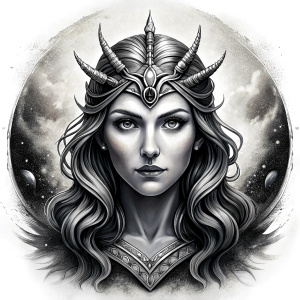 Hel – nordic godness - perfect realistic art - high definition - grey and black tattoo design - white background 