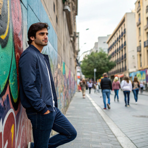 Carlos Sainz, in casual attire, standing by a graffiti-covered wall. The setting is a vibrant urban street with people walking by.