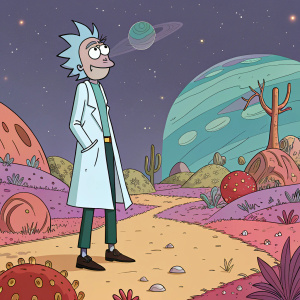 Rick Sanchez, from Rick and Morty, stands alone on an alien planet. His signature smirk. Wearing a light blue trench coat. Vibrant alien landscape behind