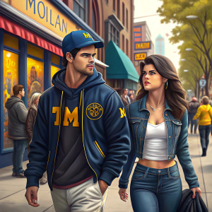 Taylor Lautner and Marie Avgeropoulos strolling down a vibrant city street. Taylor in a navy hoodie with University of Michigan emblem, blue cap. Marie in a fitted white top and denim jacket. Background bustling with people and colorful shop fronts.