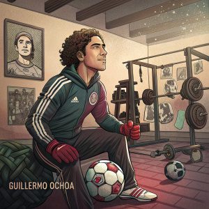 Guillermo Ochoa, Mexican soccer star, posing for a magazine spread. Gym setting, surrounded by gym equipment and motivational posters.