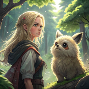 An anime illustration. A blonde woman with a scowl, standing beside a cute, fluffy animal. Background is a stylized forest.
