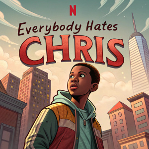 Social media post featuring 'Everybody Hates Chris' revival announcement. Netflix logo prominently displayed. Young actor in intense expression.
