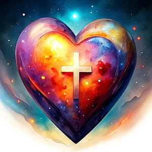 2d watercolor a heart with cross as spiritual, white background