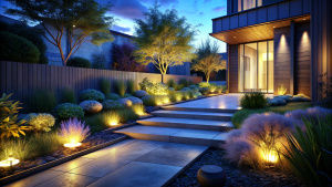 Modern gardening landscaping design details. Illuminated pathway in front of residential house. Landscape garden with ambient lighting system installation highlighting flowers plants