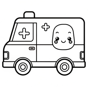 a coloring page,  a kawaii ambulance, white background, black line art
