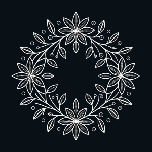 Minimal line logo of Openwork floral frame, white on black background, vector