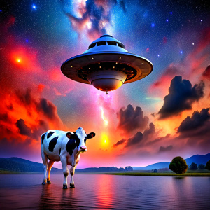 Spaceship kidnapping a cow, that cow is floating below the ship