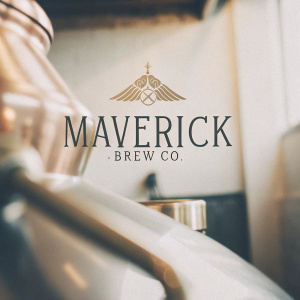 Creative logo design for a new brewery, Maverick Brew Co. The logo features a sleek, modern font with an intricate, golden emblem of a brewing pot. Set against a crisp black backdrop.