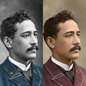 A before and after restoration comparison of Marcelo H Del Pilar's portrait. From grayscale to vivid color. Close-up and detailed facial features