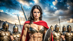 imagen completa de Thalia: guerrera espartana versátil  espartano junto con sus guerreros, Foto realista, RealVisXl, cuerpo completo, frontal mirando hacia adelante, ojos azules pelo negro,  sin camisa, con espada en su mano y capa roja, Hiperrealista, 4k, perfección en el rostro , rasgos faciales griegos, musculoso, fuerte, fondo tormentoso.