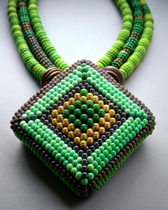 Peyote stitch beaded rectangular necklace. On it there is the picture of a kanji. 