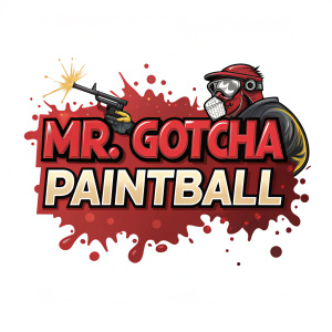 Creative digital art showcasing a vibrant logo for Mr. Gotcha Paintball. The logo incorporates bold red and dynamic colors, highlighting the brand name and paintball theme. Set against a sleek, minimalist background.