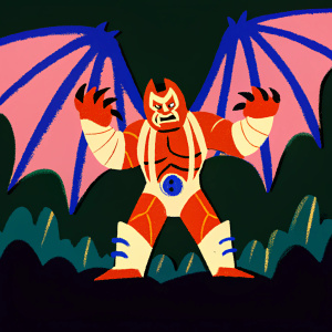 Ripjaws from Ben 10, with his iconic dragon wings spread wide. Fierce expression. Dark background, dynamic pose.