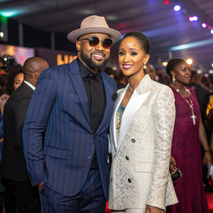 Banky W and Adesua Etomi in modern suits at the Nigerian Music Awards. Crowded backdrop