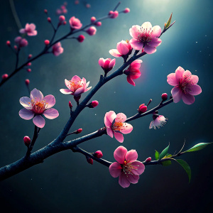 branch with a few single cherry blossoms dark and powerful