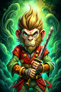 cartoon character of  the Edward Van Helgen of the video game Monkey Island, with sword,  full body, comic ,style pop art, style, graffiti style,  style watercolor, black background, ready for print t-shirt, style art fabric