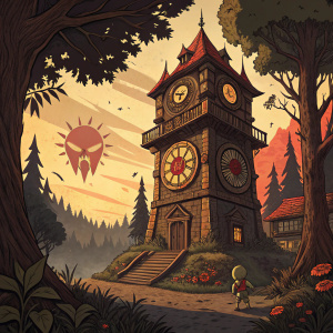 Fantasy concept art for 'Clock Tower: Majora's Mask' showcasing a detailed, intricate design. Dominated by earthy tones like brown, red, and yellow, reflecting the game's mystical atmosphere.