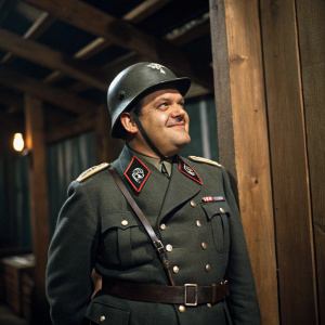 Still from Hogan's Heroes, Sgt. Hans Georg Schultz, played by John Banner, standing confidently in a dimly lit wooden barrack. Wearing a German military uniform and helmet, he has a slight amused smile.