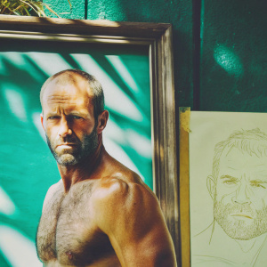 Jason Statham, in a digitally rendered portrait, captured in a candid pose. The illustration focuses on his chiseled physique and stern expression. Set against a plain backdrop, the sketch-like style emphasizes the fine details of his facial features and muscular build.