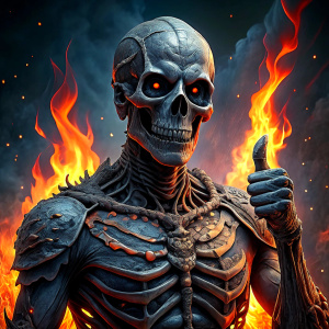 The burned skeleton shows a "thumbs up" symbol