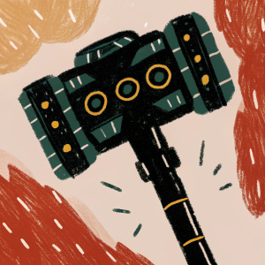 Ale Peralta's digital creation of Overwatch's Reinhardt's Rocket Hammer. A vivid illustration featuring a futuristic weapon. Mainly grey with bright yellow highlights. Set against a fiery red background, highlighting the hammer's complex design.
