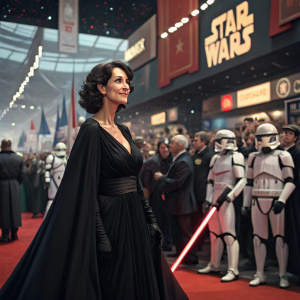 Zabou Breitman, a distinguished French actress, in elegant black gown. At a Star Wars fan convention. Crowded convention center, vibrant Star Wars themed decorations.