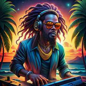 black cartoon rasta dj on tropical beach. bobble-head style figure smiling with big features, SUNGLASSES RELECTIVE, orange gold . with dreadlocks, realistic, HUMAN LIKE moonlight, playing music on dj decks. ultra detailed, vivid colours , woodcut Lino style shading