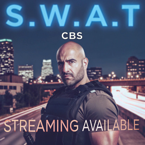 Promotional graphic for S.W.A.T. TV show. Bald, muscular police officer with stern expression, tactical vest, urban cityscape, dense array of lit up buildings, busy highway, text: CBS, streaming available.