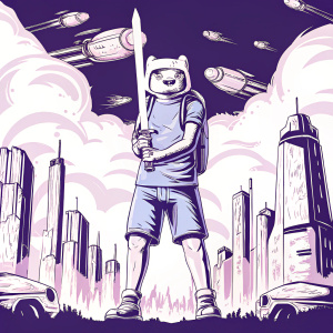 3D rendering of Finn the Human from Adventure Time. He's standing in a futuristic cityscape, sword drawn.