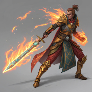 Illustration of Armathura from Draigana's Fire, an indie RPG. Fiery aura, intricate sword design. Neutral gray backdrop, digital art, warm and cool color palette.