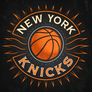 Logo of New York Knicks basketball team. Basketball in center. Bold font 'New York Knicks'. Black background with bright orange accents.