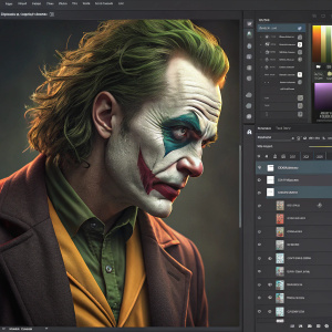 Screenshot showcasing the Joker character in Adobe Photoshop interface. Numerous editing tools and menus visible.