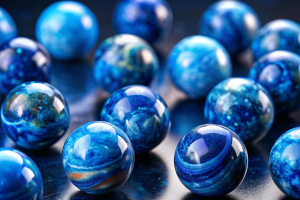 синие мраморные шары 1/3 фона, хаотично разбросаны на темно-синем фоне