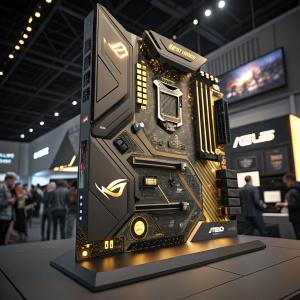 Close-up view of an ASUS ROG Strix motherboard. Shiny black and gold casing. Elegant LED lights. Tech expo setting