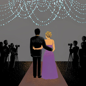 Ewan McGregor and Naomi Watts at a glamorous gala. Ewan in a black suit, Naomi in a stunning purple dress. Glittering chandeliers, red carpet, and paparazzi in the background.