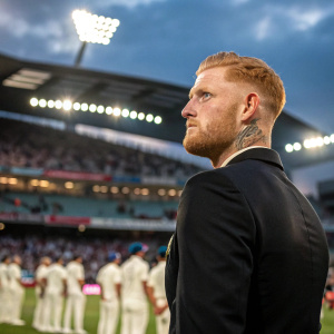 Ben Stokes, a cricket player with tattoos, wearing a black suit. Standing in a stadium during a match ceremony.