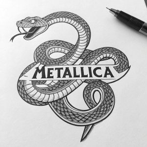 A sketch of Metallica's logo with a snake entwined around it. Monochrome shades, intricate line work, and minimalist design.