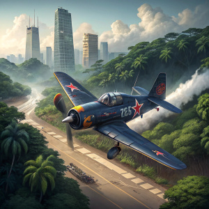 Dark navy blue Vought F4U-4 Corsair with Red Bull decals, taking off from a tarmac surrounded by lush greenery and skyscrapers.