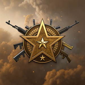 Digital artwork of Airsoft Megastore logo. Golden star emblem. Surrounded by weapon designs. Cloudy brown background with gold highlights.