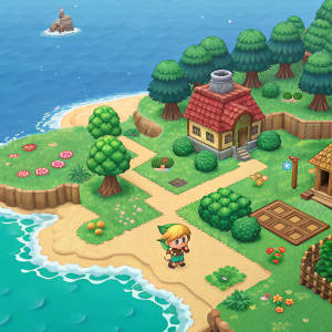 A gameplay screenshot from The Legend of Zelda: Link's Awakening, featuring a detailed pixel art style with bright and colorful environments.