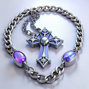  silver necklace with chains and stones and big cross in the middle