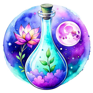 Create a minimalistic tattoo design showcasing a crescent moon and a delicate flower elegantly encapsulated within a corked potion bottle. Embrace simplicity and precision in this tattoo, focusing on clean lines and essential details to convey the enchanting combination of celestial and botanical elements. Ensure that the design remains compact and aesthetically pleasing, capturing the magical essence of the moon, flower, and potion in a subtle yet impactful way.