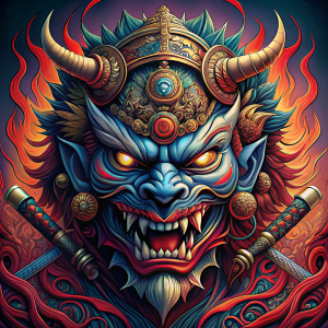 japanese oni mask with katana in the mouth
