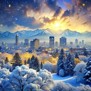 Winter month, beautiful cityscape with snow